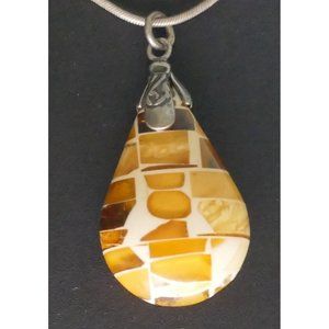 Mosaic Amber Pendant With Embedded Insects Sterling Silver On Sterling Chain
